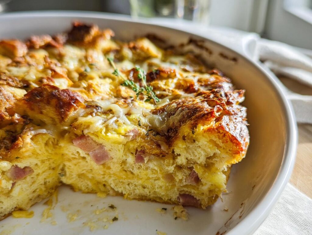 Close-up of a slice removed from a baked Ham and Cheese Breakfast Casserole, showing eggy bread, ham chunks, and melted cheese.