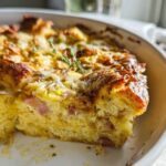 Close-up of a slice removed from a baked Ham and Cheese Breakfast Casserole, showing eggy bread, ham chunks, and melted cheese.