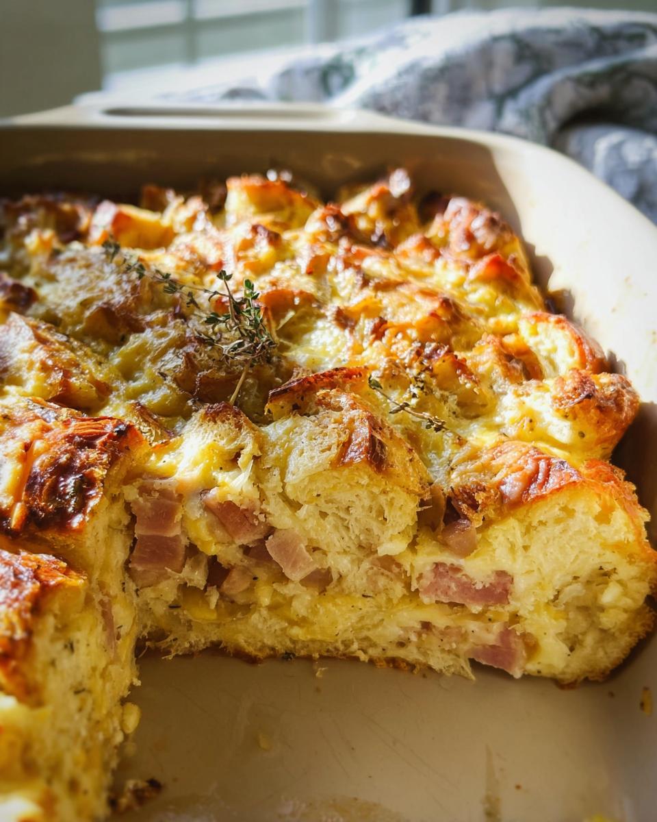 Close-up of a rich Ham and Cheese Breakfast Casserole with a golden, cheesy top and visible ham chunks inside.