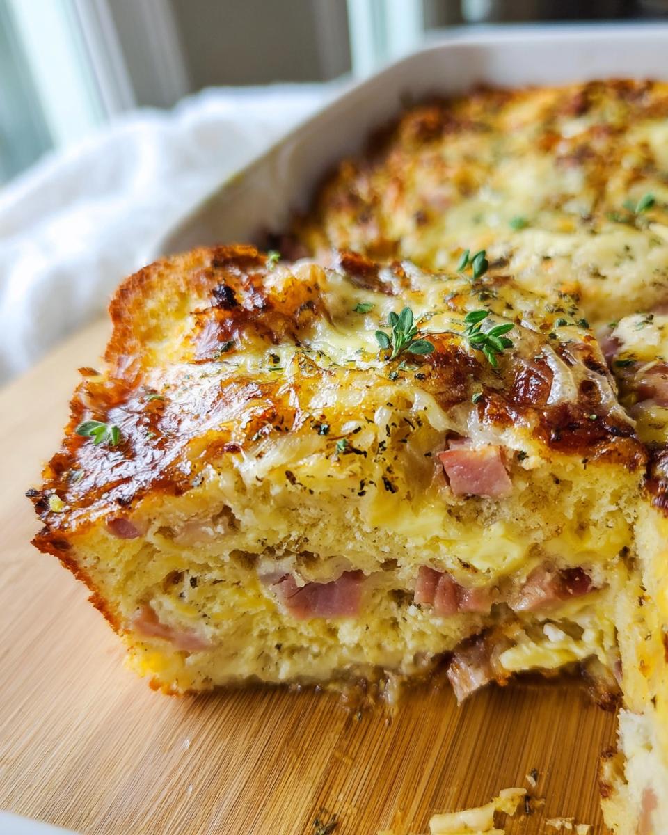 Close-up of a thick slice of Ham and Cheese Breakfast Casserole showing layers of egg, bread, and ham, topped with melted cheese.
