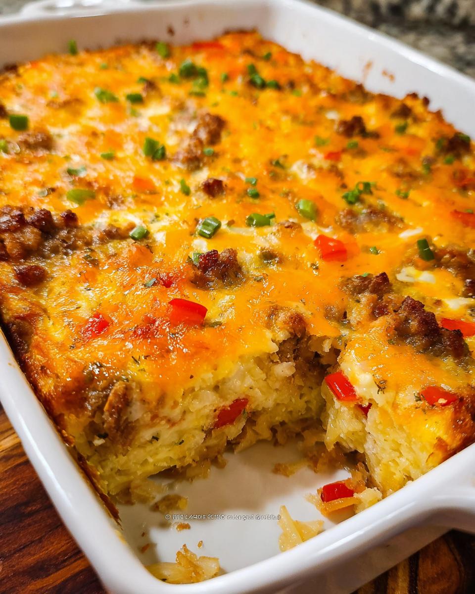 A close-up of a baked Hash Brown Egg Bake topped with melted cheddar, sausage, and green onions.