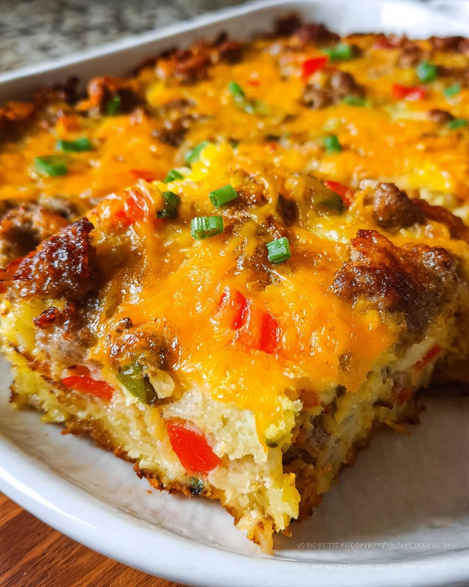 A close-up of a hearty slice of Hash Brown Egg Bake topped with melted cheddar cheese, sausage, and green onions.