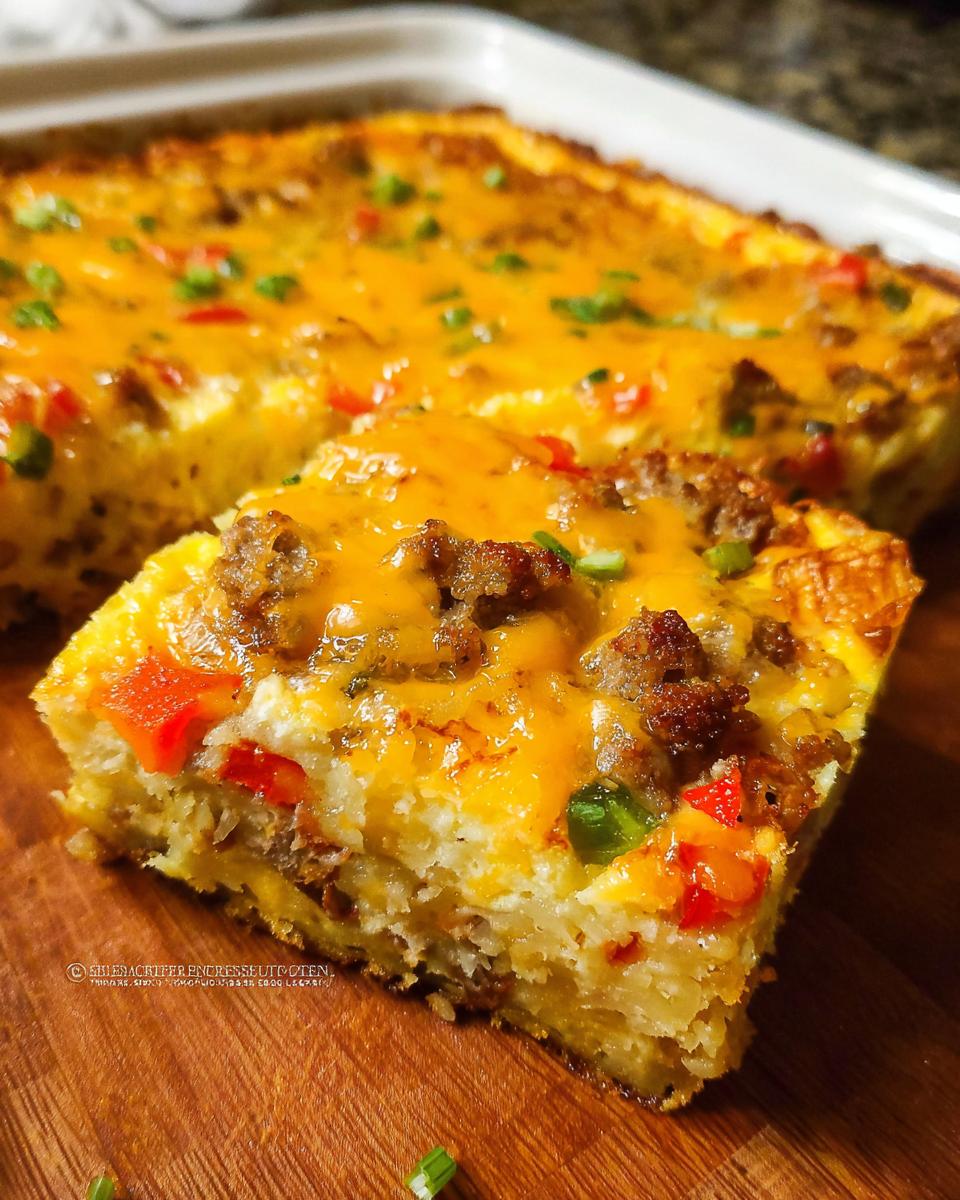 A close-up of a square slice of Hash Brown Egg Bake topped with melted cheddar, sausage crumbles, and peppers.