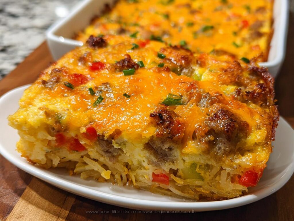 A close-up of a thick slice of Hash Brown Egg Bake featuring sausage, peppers, and melted cheddar cheese.