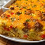 A close-up of a thick slice of Hash Brown Egg Bake featuring sausage, peppers, and melted cheddar cheese.