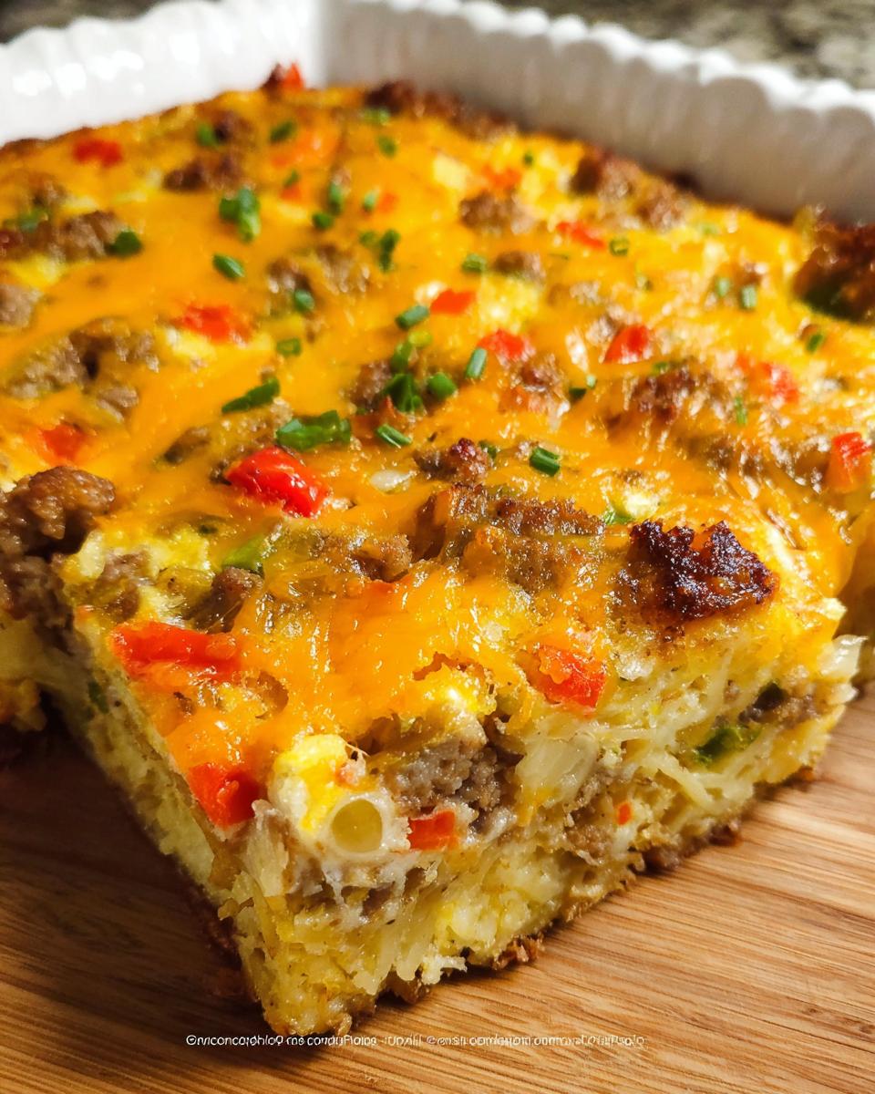 A thick slice of Hash Brown Egg Bake showing a crispy hash brown base, sausage, peppers, and melted cheddar cheese topping.