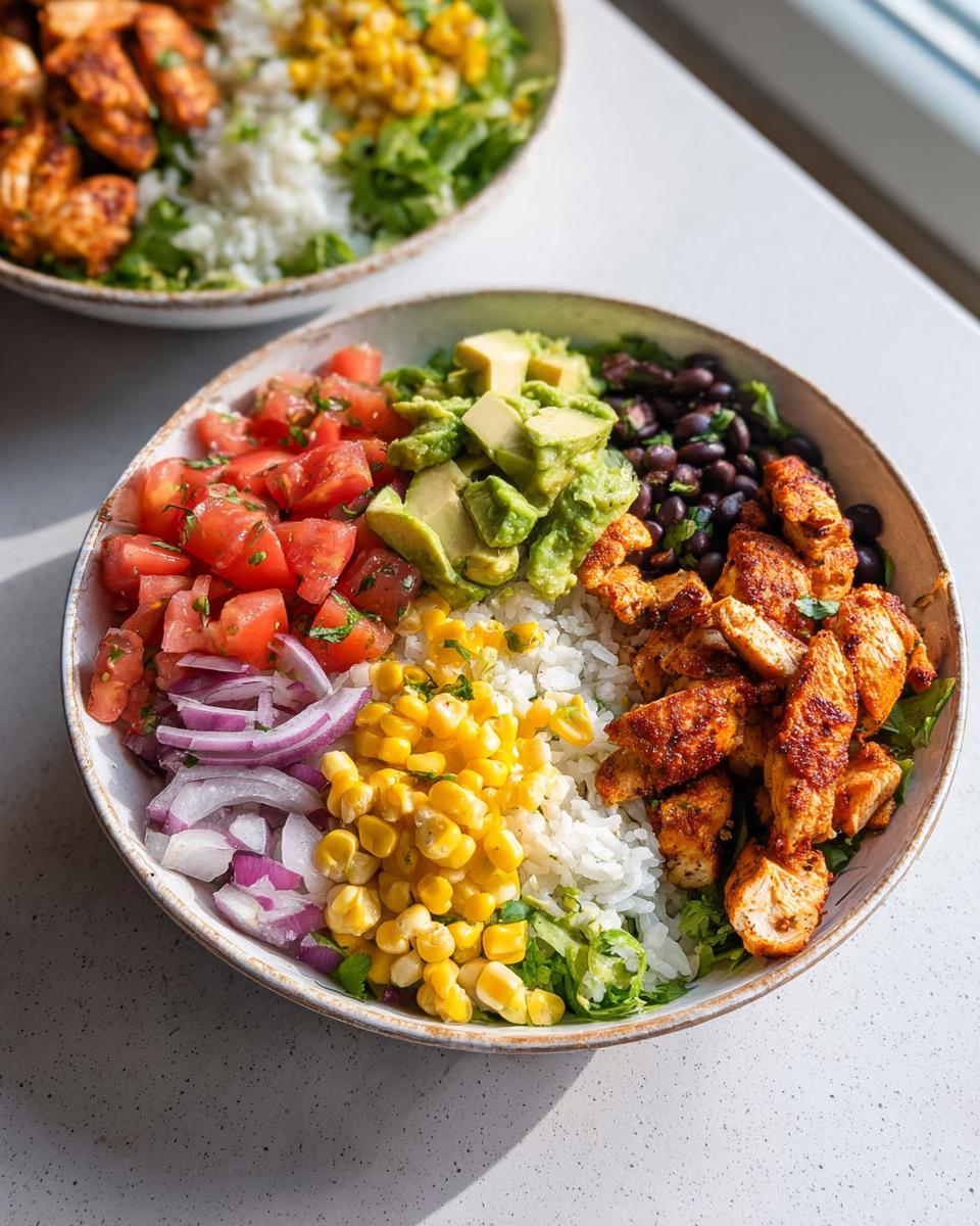 Close-up of a vibrant Healthy Chicken Rice Bowl filled with seasoned chicken, rice, black beans, corn, tomatoes, avocado, and red onion.