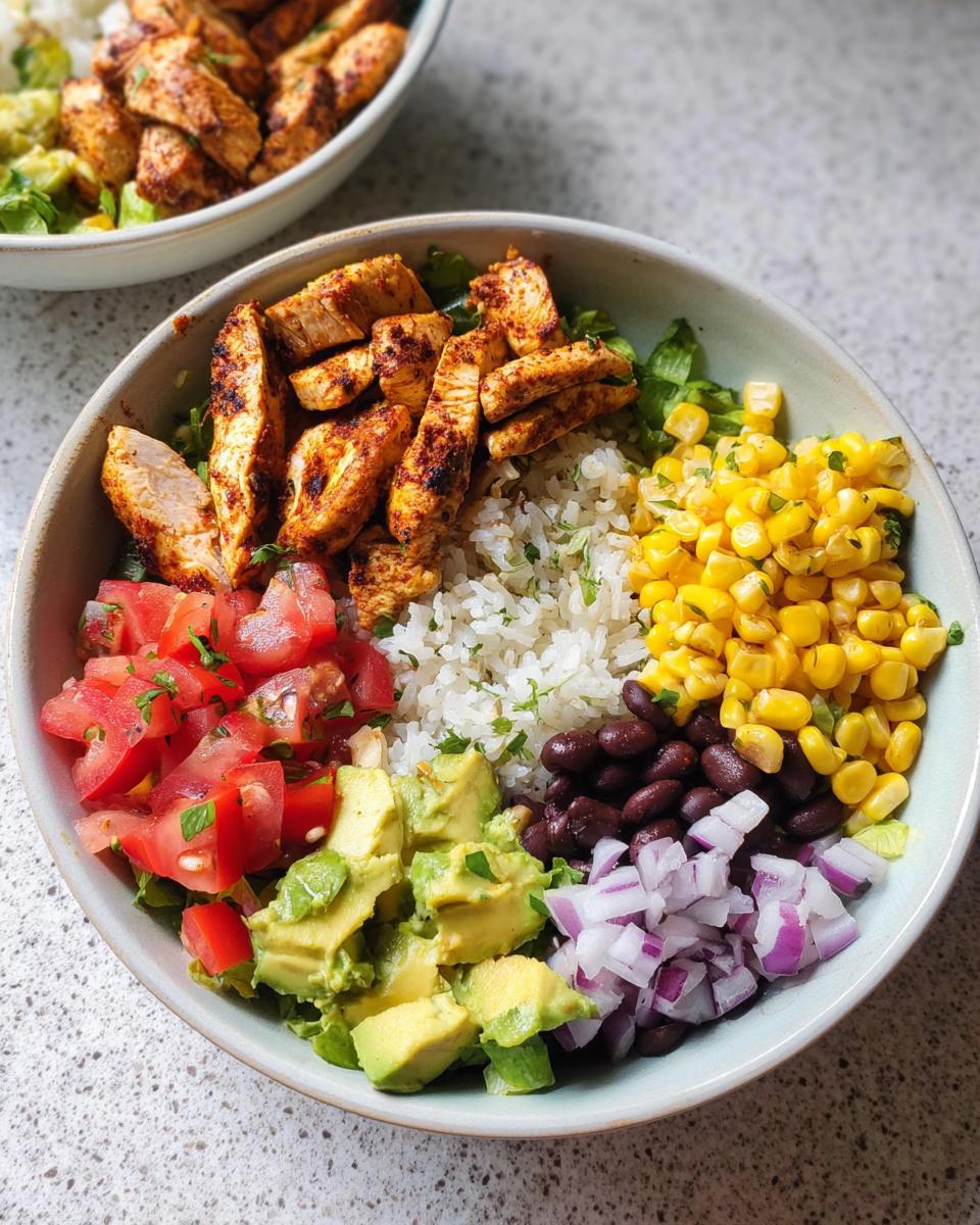 A vibrant bowl of Healthy Chicken Rice Bowls filled with seasoned chicken, rice, black beans, corn, avocado, and tomatoes.