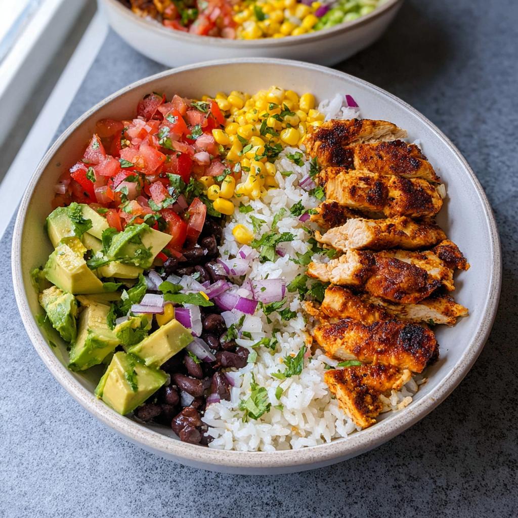 A vibrant Healthy Chicken Rice Bowl filled with seasoned chicken, rice, black beans, corn, avocado, and pico de gallo.
