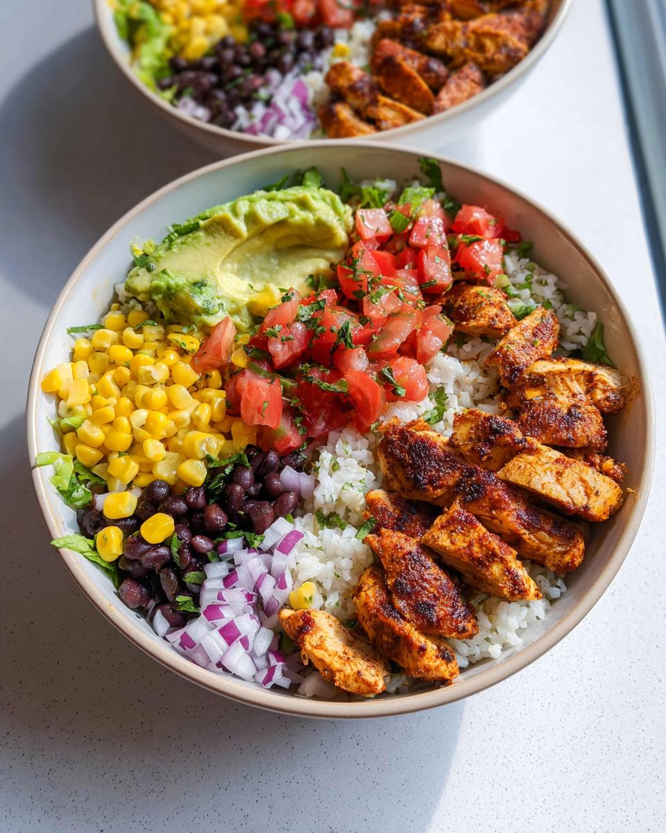 Close-up of a Healthy Chicken Rice Bowl filled with rice, seasoned chicken, avocado, corn, black beans, tomatoes, and red onion.