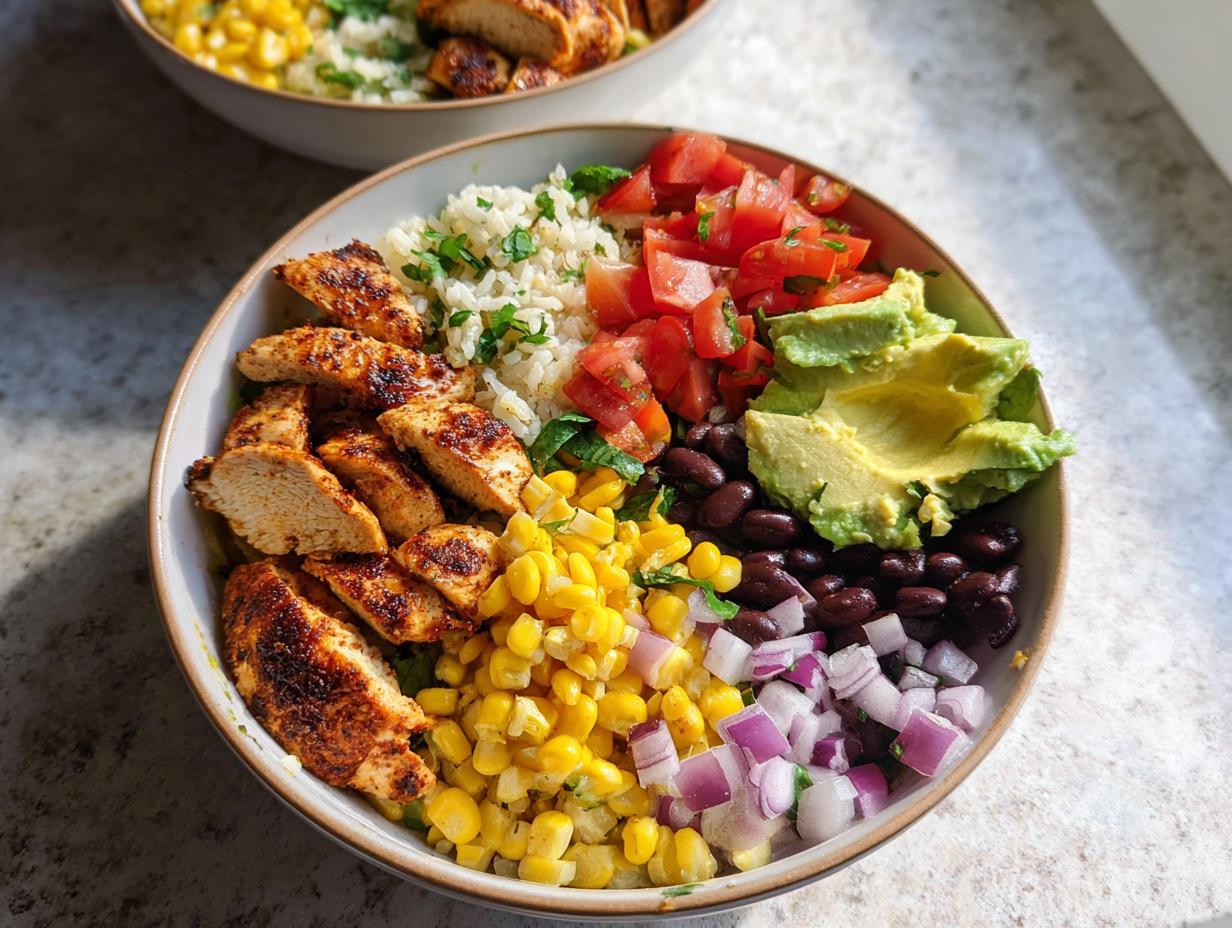 Close-up of a Healthy Chicken Rice Bowl filled with seasoned chicken, rice, corn, black beans, avocado, tomatoes, and red onion.