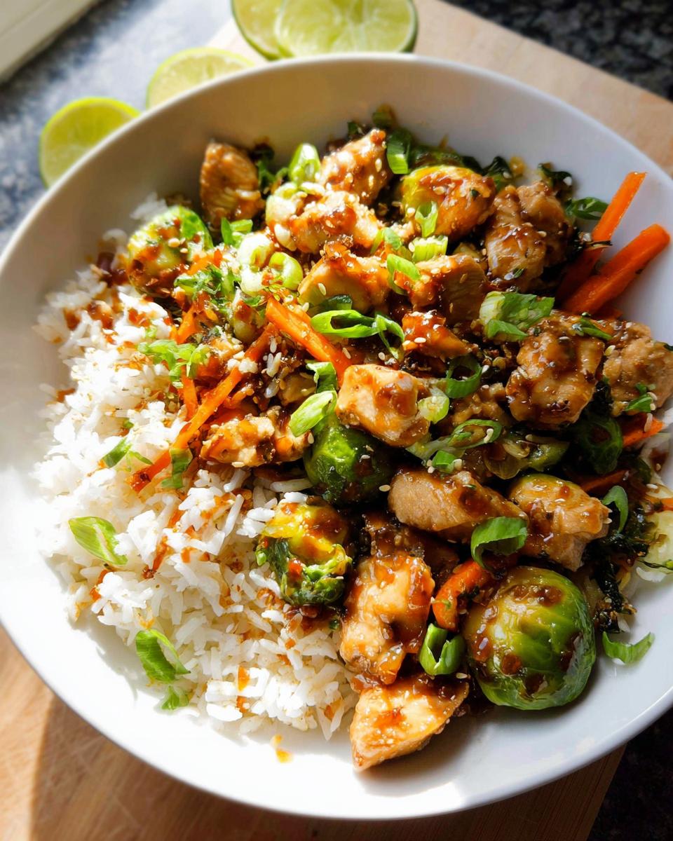 A bowl featuring glazed chicken, Brussels sprouts, shredded carrots, and white rice, perfect for 15 Healthy Dinner Ideas.