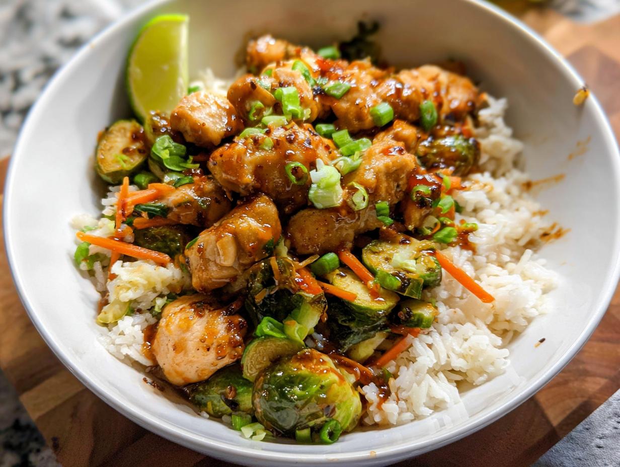A vibrant bowl featuring glazed chicken pieces, roasted Brussels sprouts, and shredded carrots over white rice, a great example of 15 Healthy Dinner Ideas.