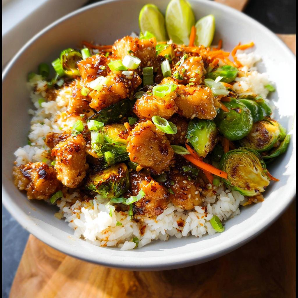 A bowl featuring sesame glazed chicken, roasted Brussels sprouts, and rice, perfect for 15 Healthy Dinner Ideas.