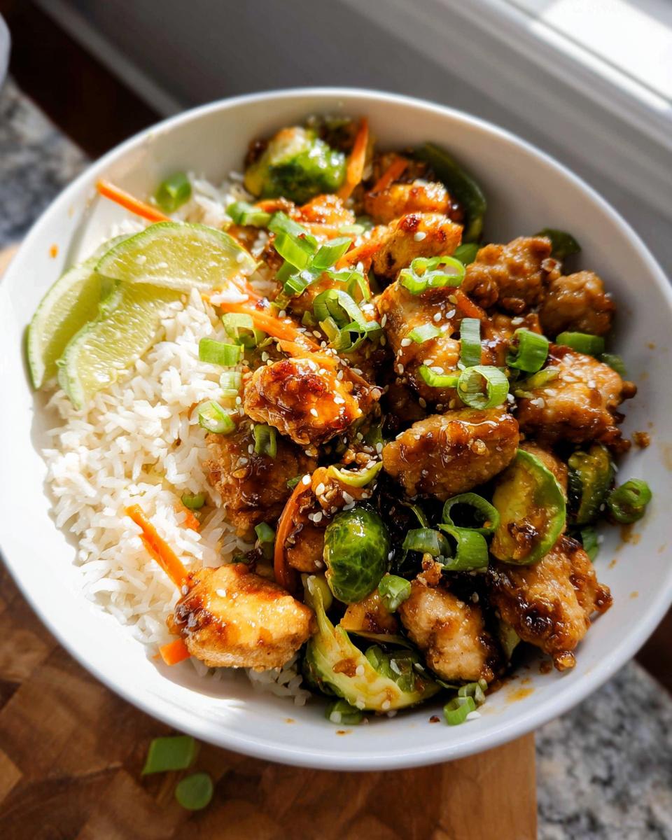 A bowl featuring healthy sesame chicken, brussels sprouts, and white rice, one of 15 Healthy Dinner Ideas.