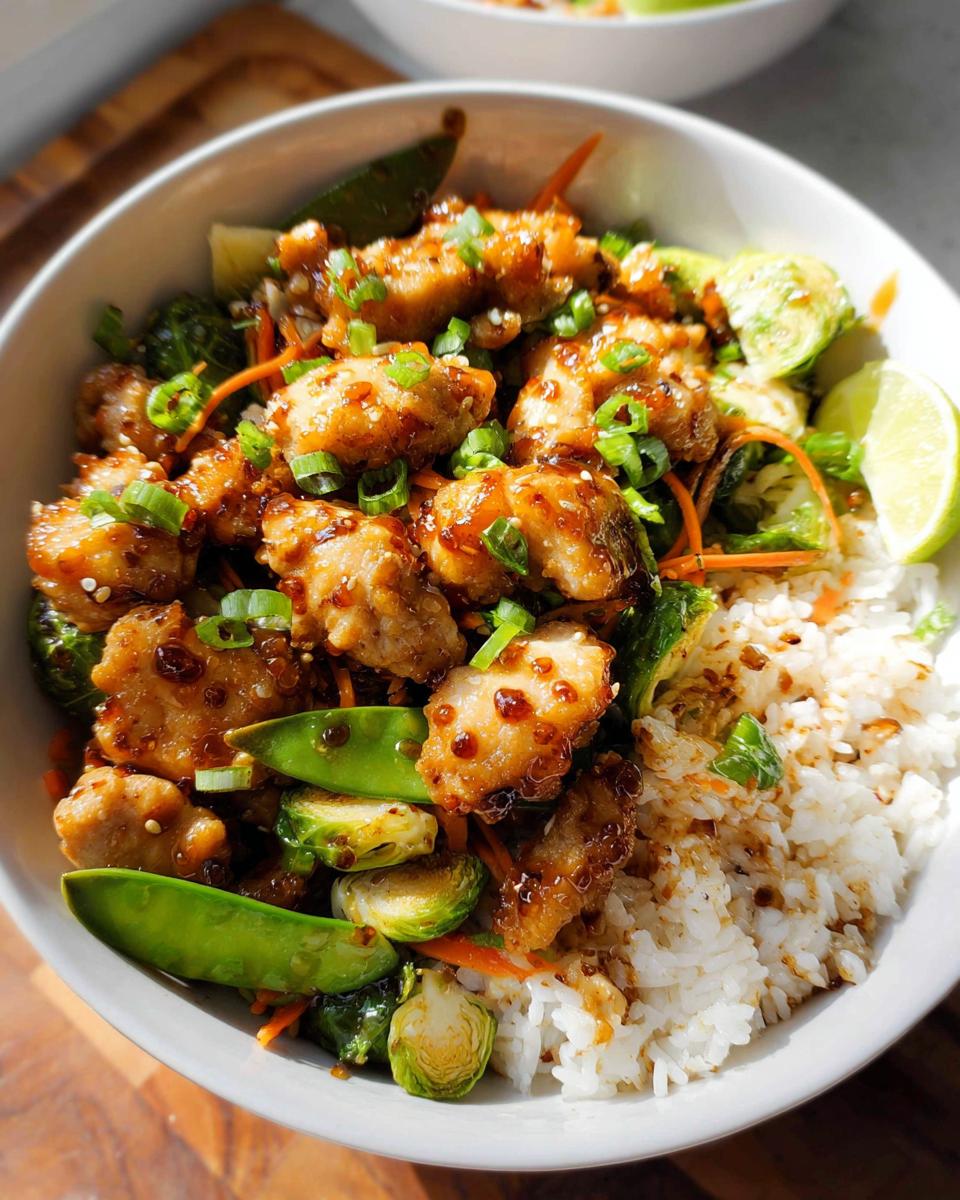 A bowl featuring glazed chicken pieces, rice, Brussels sprouts, and snow peas, perfect for 15 Healthy Dinner Ideas.
