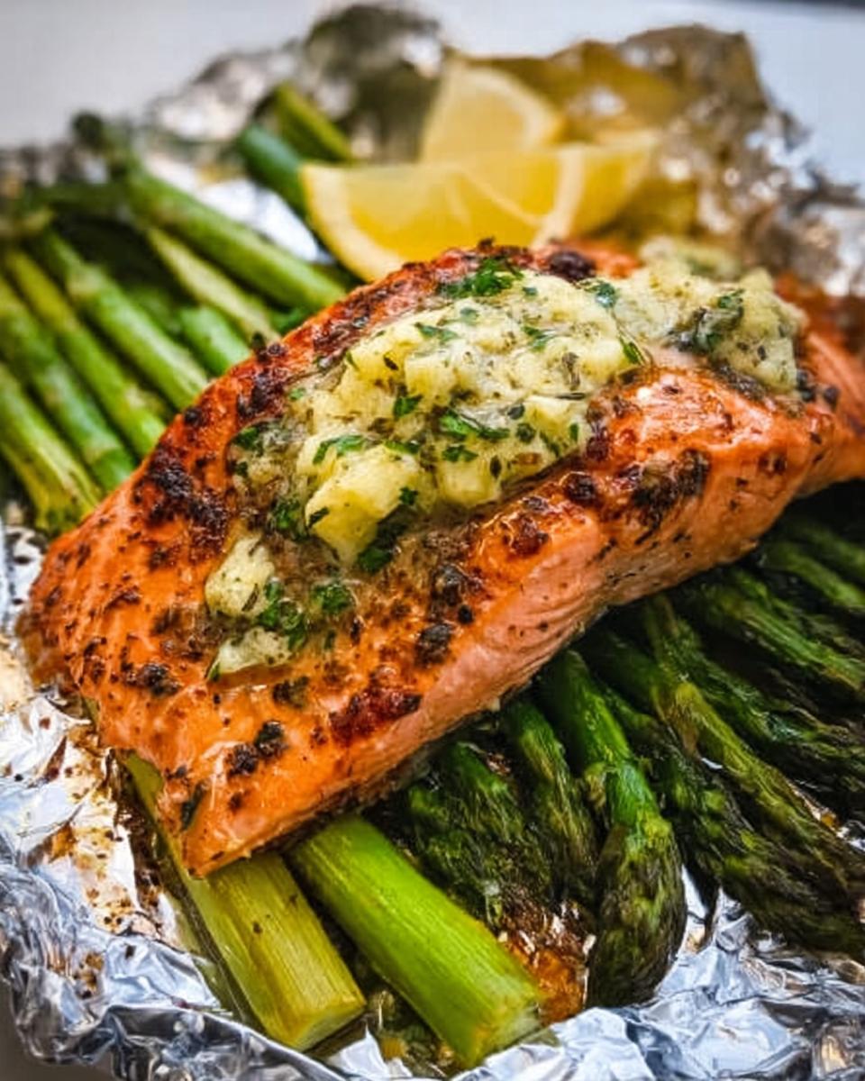 Close-up of cooked Herb Butter Salmon (Foil Pack) topped with melting herb butter, resting on roasted asparagus.