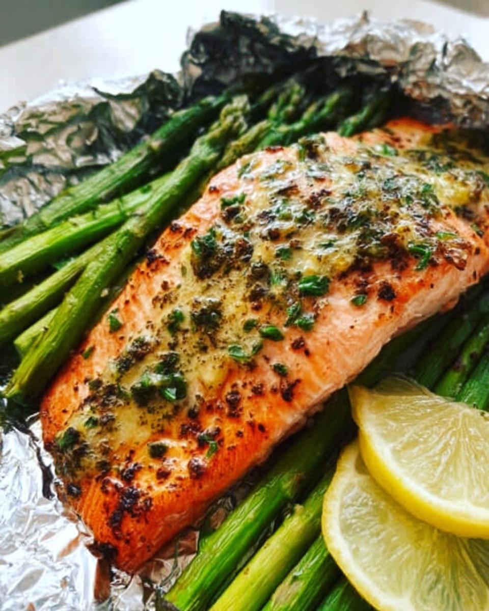 Close-up of perfectly cooked Herb Butter Salmon (Foil Pack) resting on bright green asparagus spears, garnished with lemon slices.