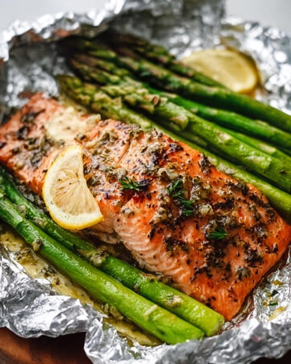 Close-up of cooked Herb Butter Salmon (Foil Pack) topped with herbs and lemon slices, served with bright green asparagus.