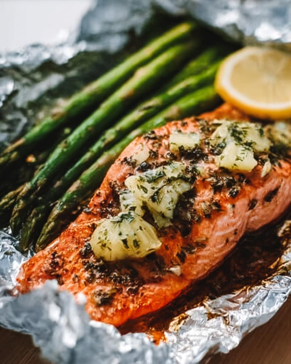 Close-up of cooked Herb Butter Salmon (Foil Pack) topped with melting herb butter, served with asparagus and a lemon slice.