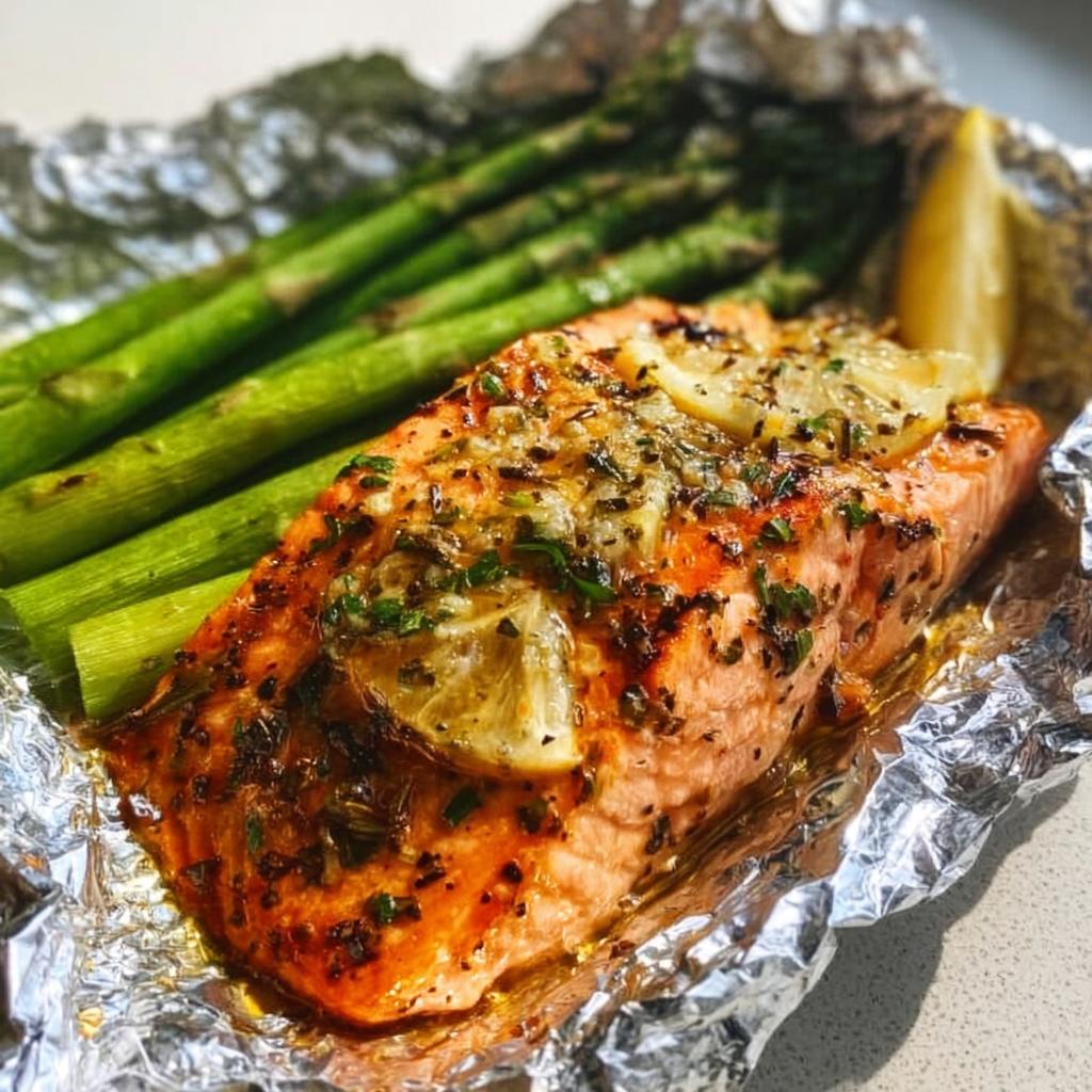 Close-up of a cooked Herb Butter Salmon (Foil Pack) with asparagus and lemon slices.
