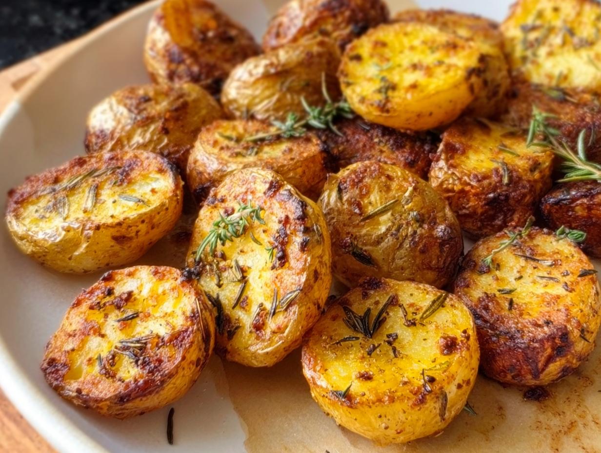 Close-up of golden brown Herb Roasted Baby Potatoes seasoned with visible rosemary and thyme.