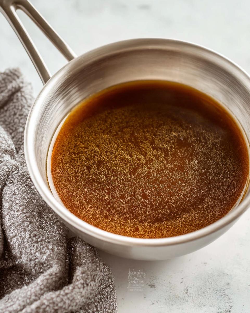 Close-up of rich, brown homemade au jus recipe simmering in a small stainless steel saucepan.