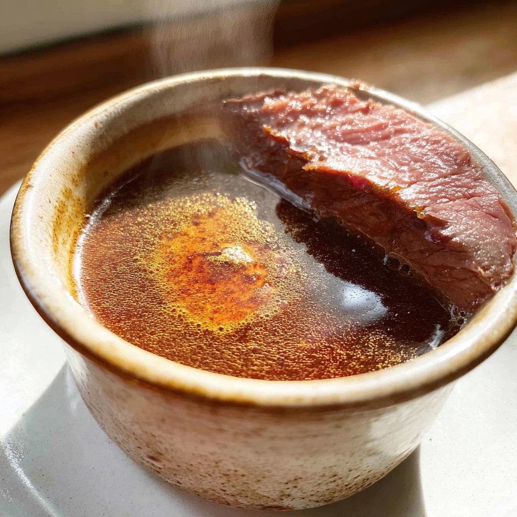 Close-up of steaming Homemade Au Jus without drippings in a rustic bowl, featuring a slice of tender beef submerged.
