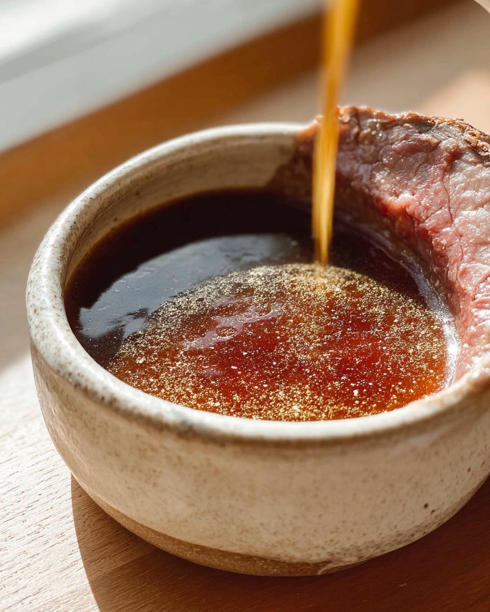 Pouring rich, dark Homemade Au Jus without drippings over a slice of roast beef in a rustic bowl.