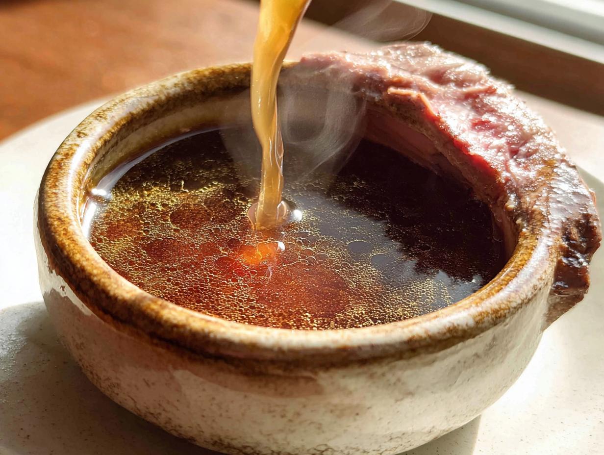 Hot Homemade Au Jus without drippings being poured into a rustic bowl containing a slice of roast beef.
