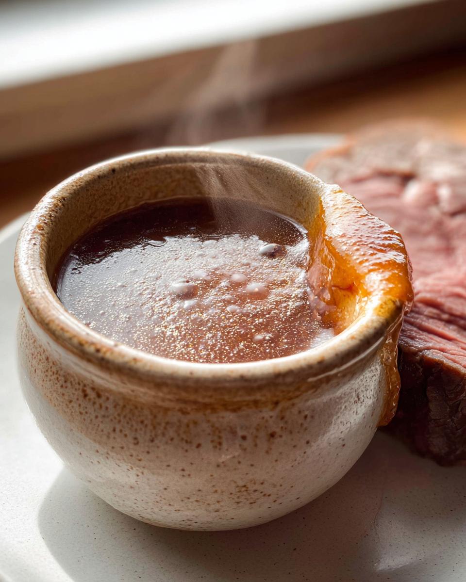 Close-up of a steaming bowl of rich Homemade Au Jus without drippings next to a slice of roast beef.