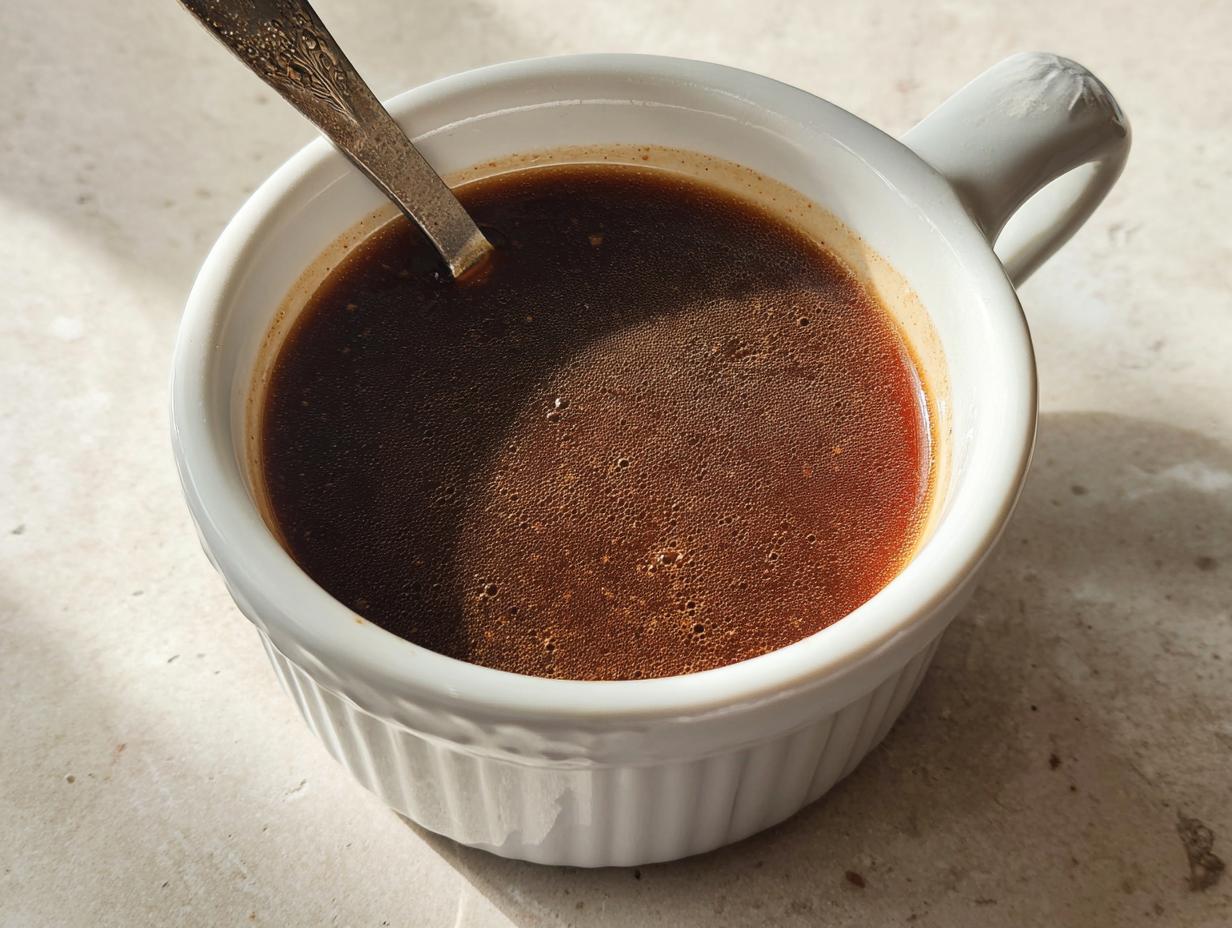 Close-up of rich brown liquid au jus in a white ramekin with a spoon, made from Homemade Dry Au Jus Seasoning Mix.