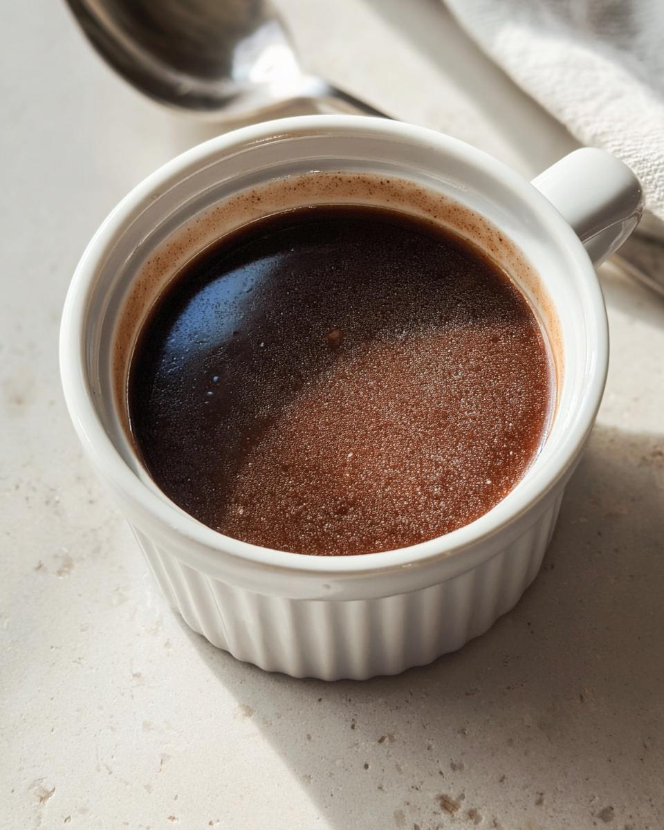 A small white ramekin filled with rich, dark brown liquid au jus made from Homemade Dry Au Jus Seasoning Mix.