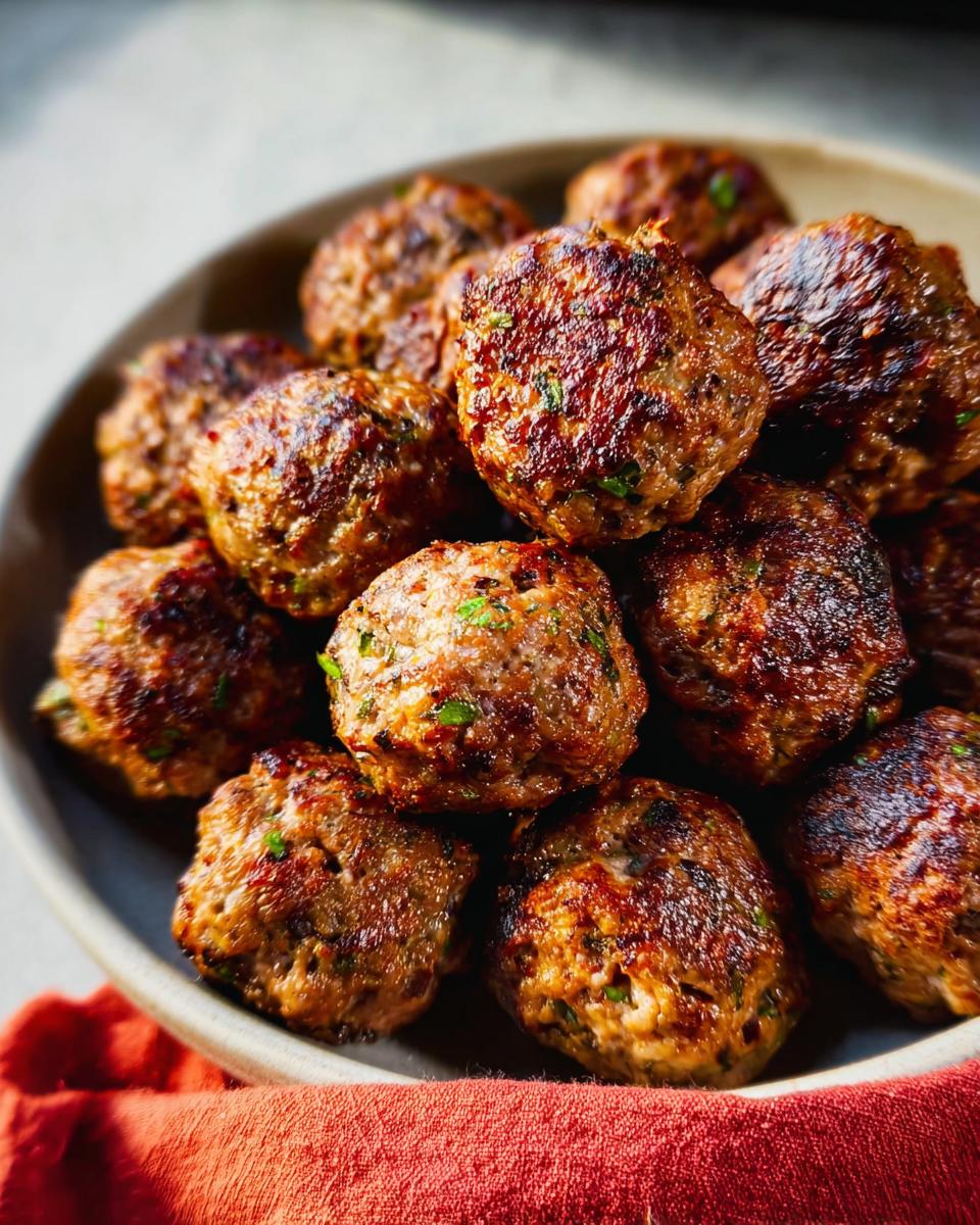 A close-up of a bowl filled with freshly baked Homemade Meatballs (Oven-Baked), showing a rich brown crust and flecks of parsley.
