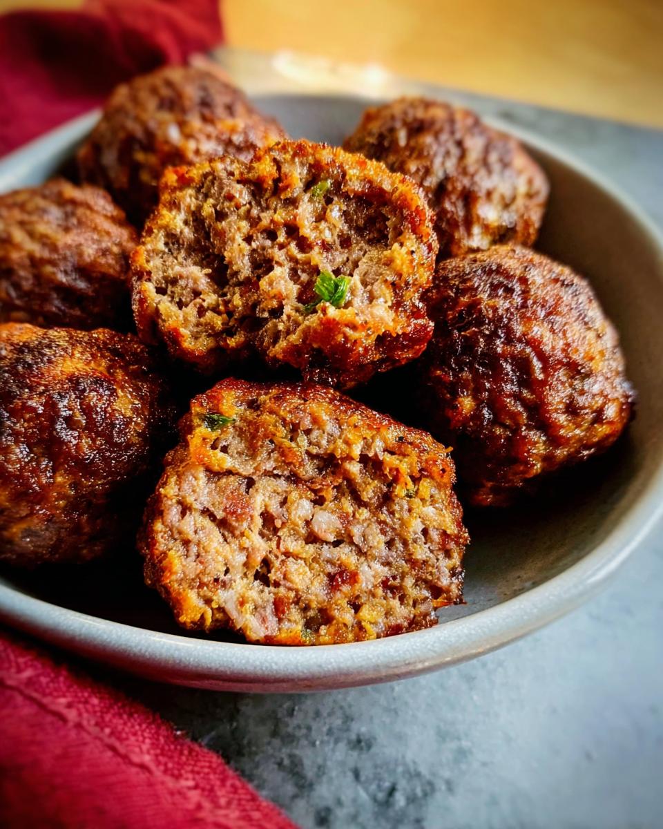 Close-up of several oven-baked Homemade Meatballs, one cut in half showing the juicy interior texture.