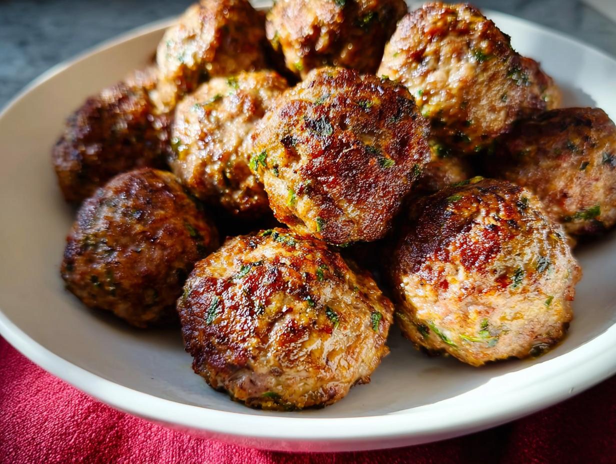 A close-up of several golden-brown Homemade Meatballs (Oven-Baked) piled high on a white plate.