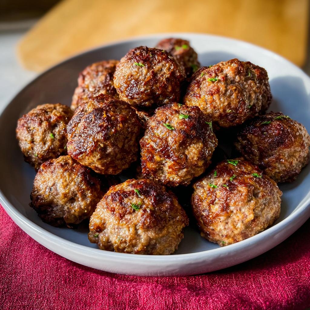A close-up of a bowl filled with freshly baked Homemade Meatballs, showing a rich brown crust and flecks of green herbs.