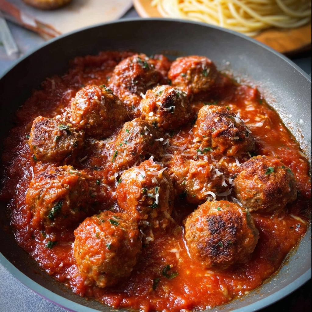 Close-up of tender homemade meatballs simmering in a rich tomato sauce, sprinkled with grated cheese.