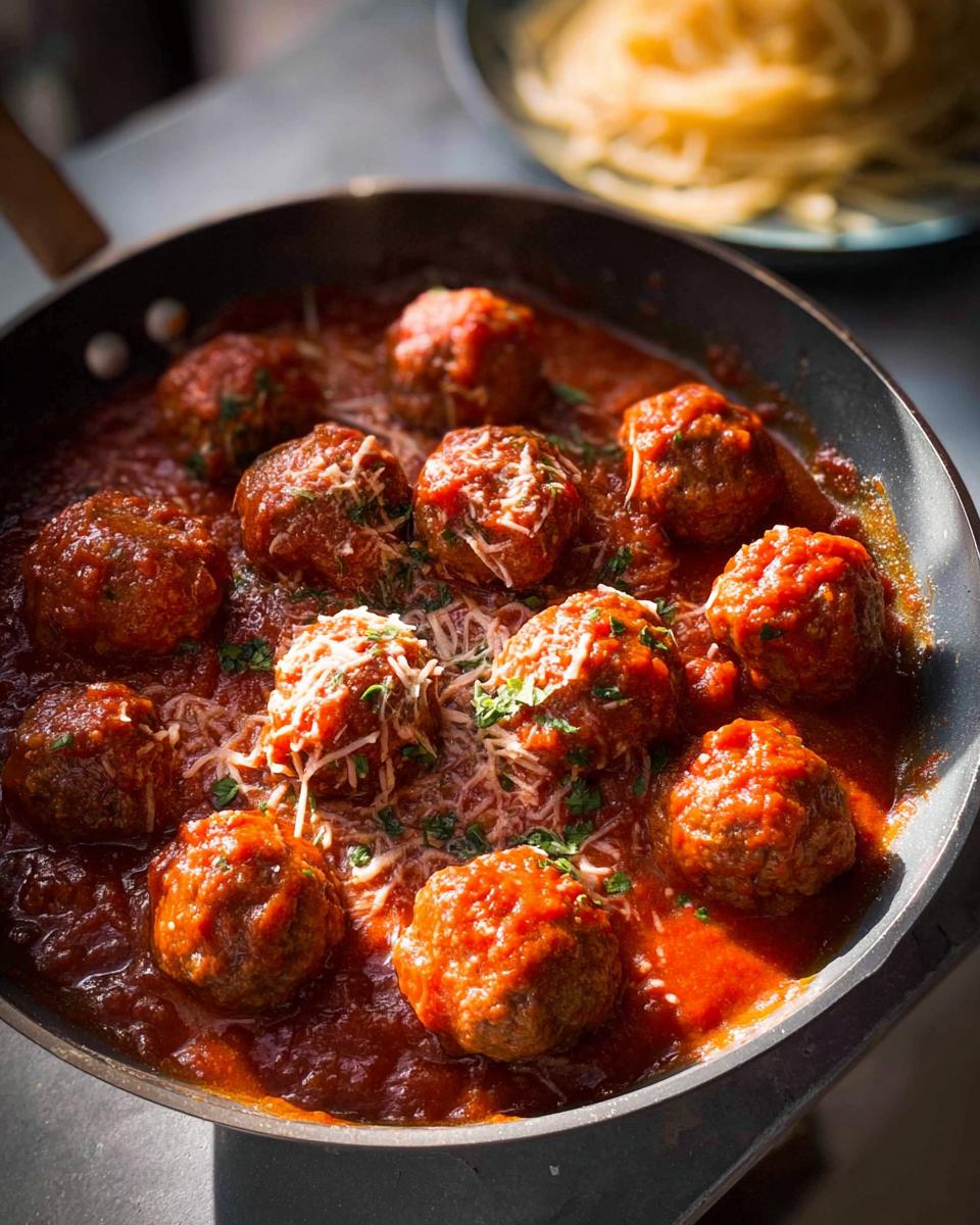 A close-up of tender homemade meatballs with sauce, topped with grated cheese and parsley, in a skillet.