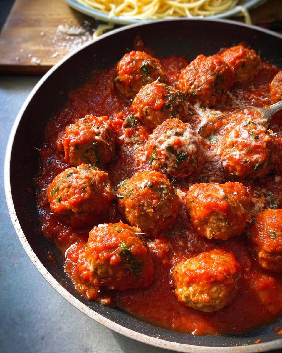 A close-up of tender homemade meatballs with sauce, topped with grated cheese, simmering in a skillet. Spaghetti is visible in the background.