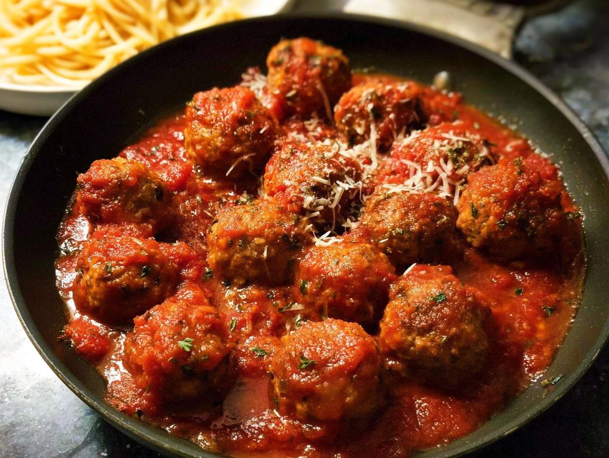 A close-up of tender homemade meatballs simmered in rich tomato sauce, topped with grated cheese and herbs, with spaghetti in the background.