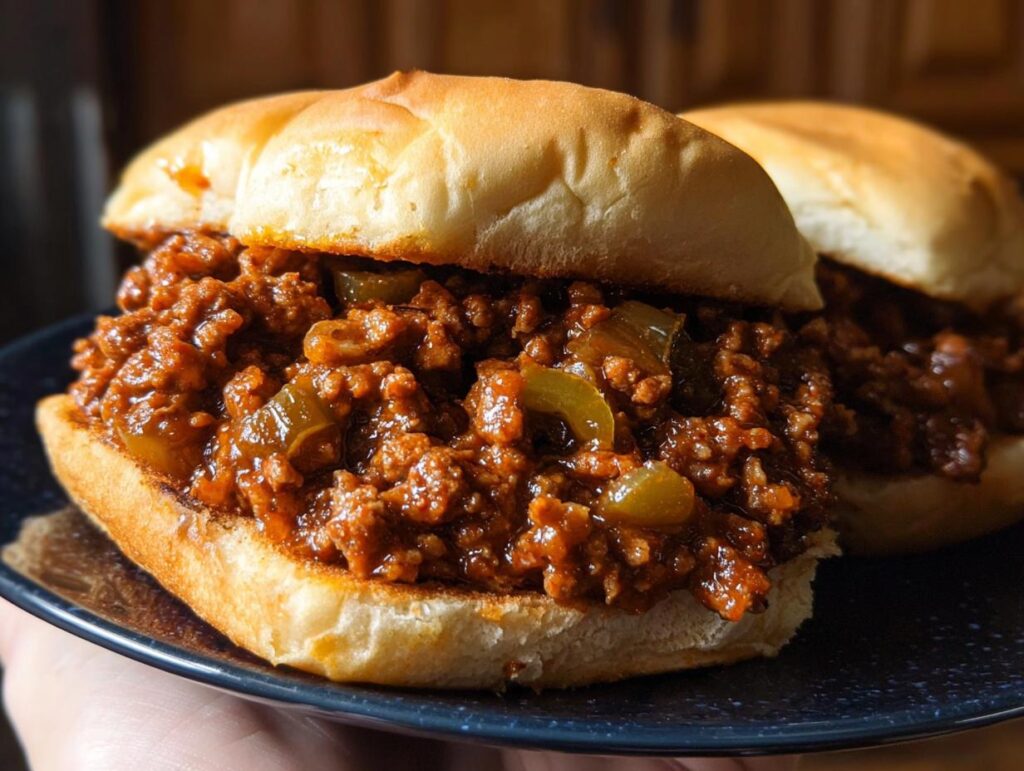 Close-up of two delicious Homemade Sloppy Joes piled high with savory meat sauce on soft buns.