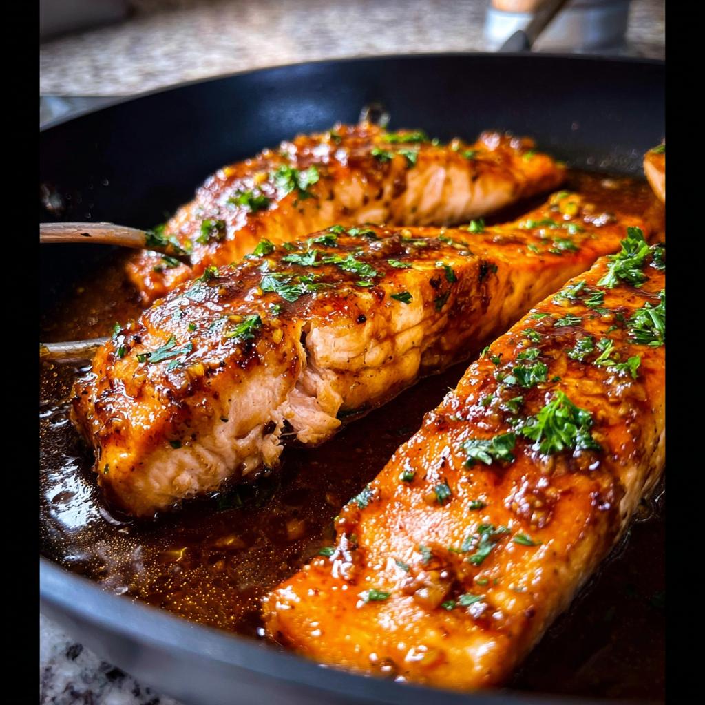 Close-up of three glazed Honey Garlic Salmon fillets cooking in a dark skillet with rich sauce and fresh parsley.
