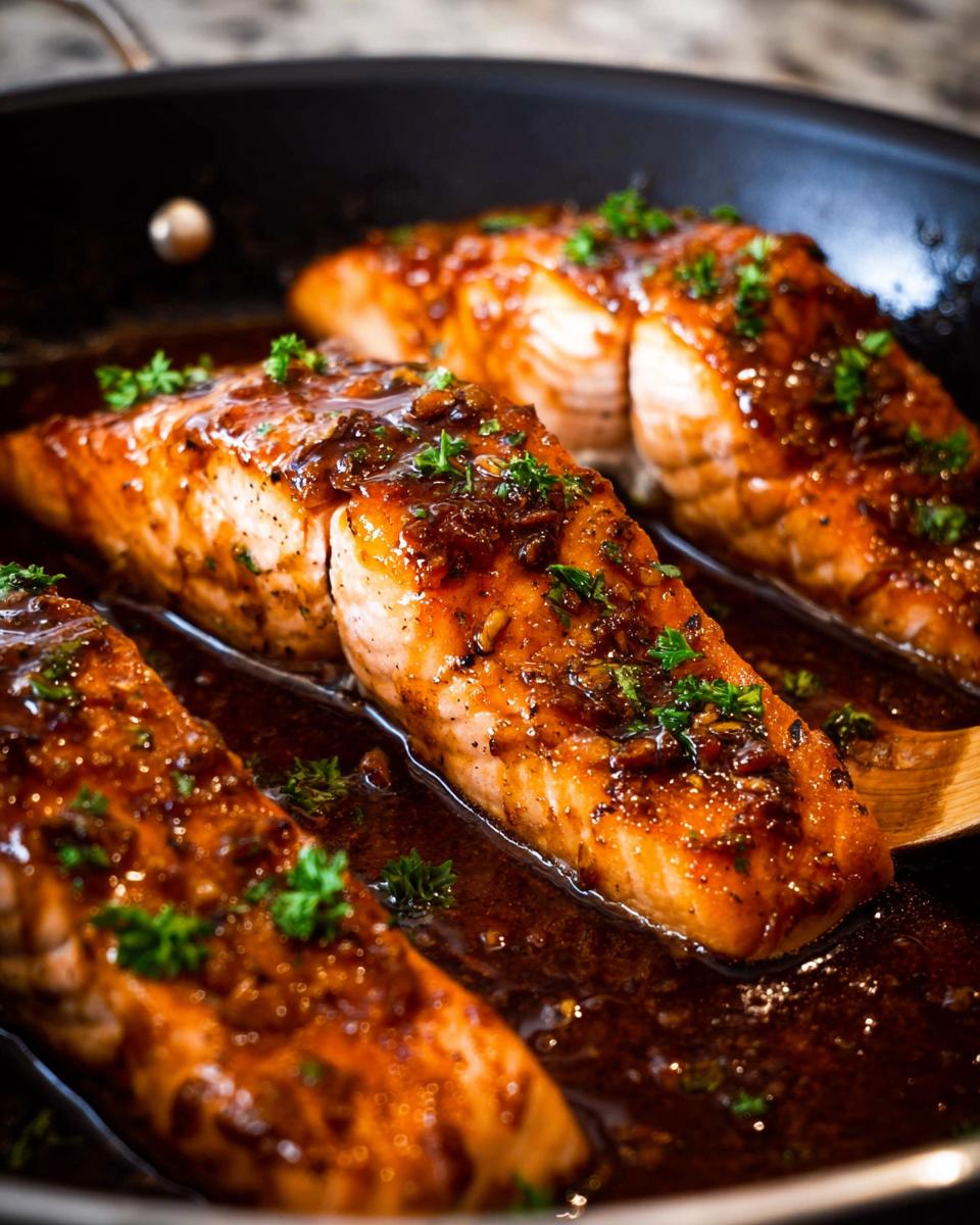 Close-up of three fillets of Honey Garlic Salmon cooking in a dark skillet, covered in a thick, glossy glaze and topped with parsley.
