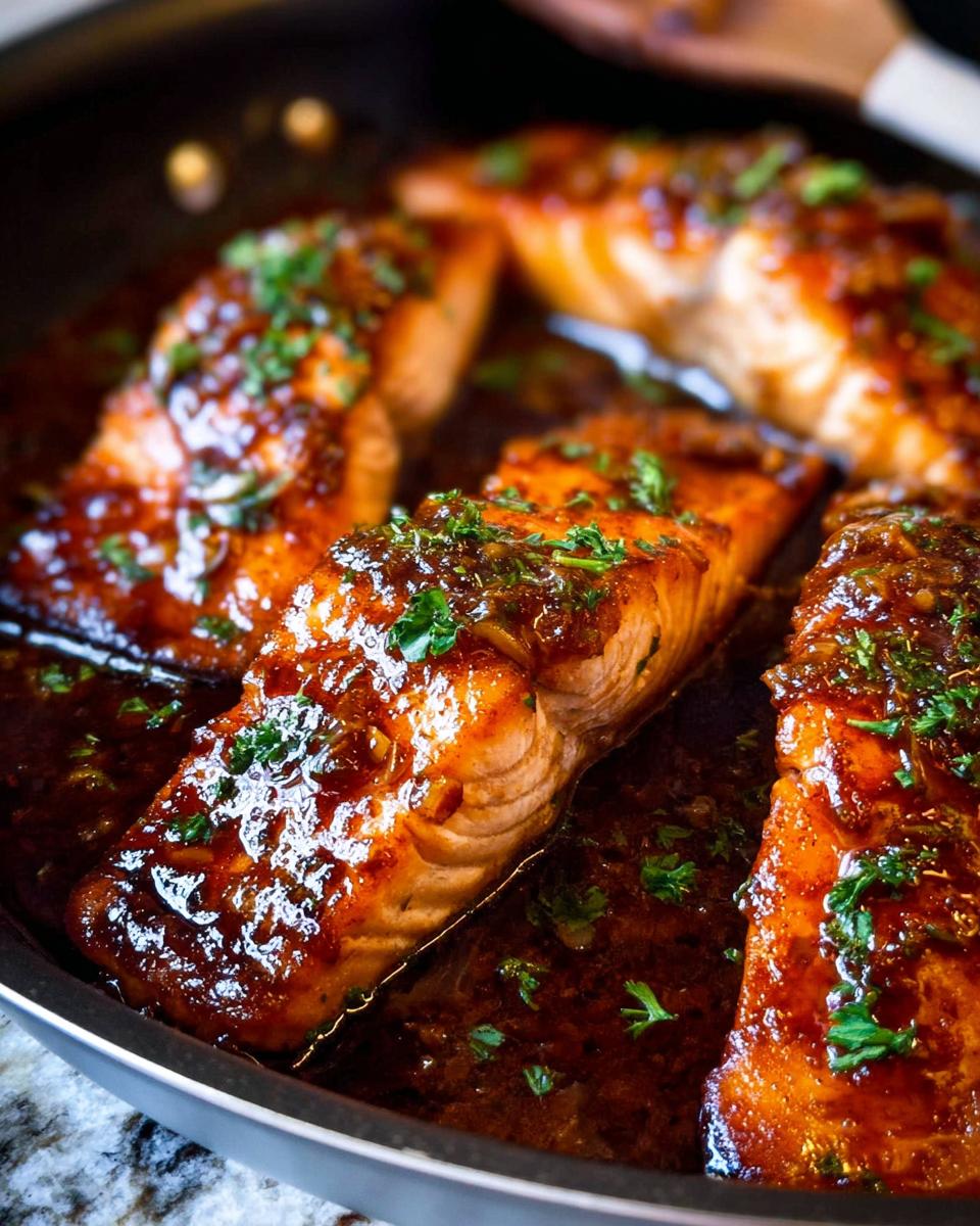 Close-up of glistening Honey Garlic Salmon fillets cooking in a dark, rich glaze in a skillet, topped with fresh parsley.