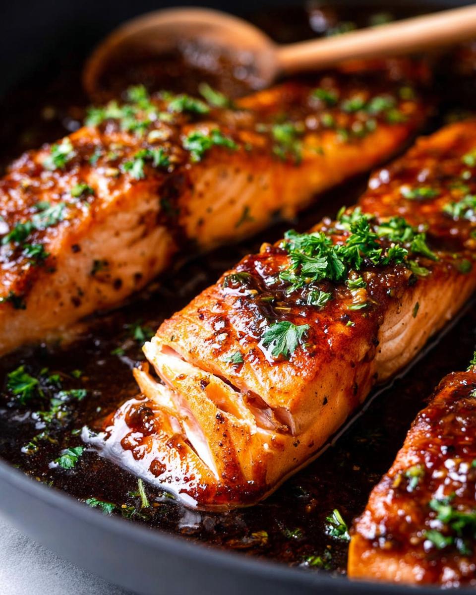 Close-up of perfectly cooked Honey Garlic Salmon fillets glazed with sauce and topped with fresh parsley in a black skillet.