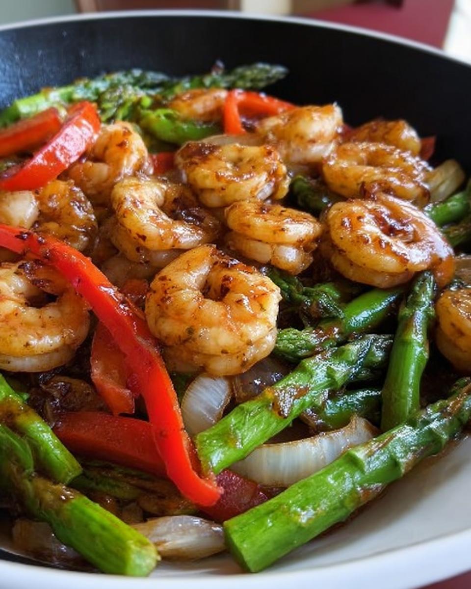 Close-up of glossy, glazed shrimp mixed with bright green asparagus and red bell peppers in a Honey Garlic Shrimp Stir Fry.