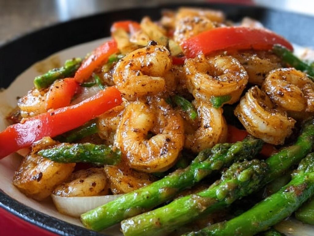 Close-up of glistening shrimp coated in sauce, mixed with bright green asparagus and red peppers in a Honey Garlic Shrimp Stir Fry.