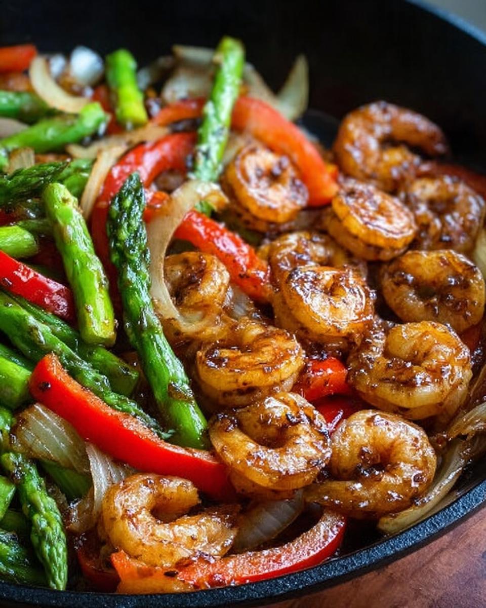 Close-up of glossy, glazed shrimp mixed with asparagus, red peppers, and onions in a Honey Garlic Shrimp Stir Fry.