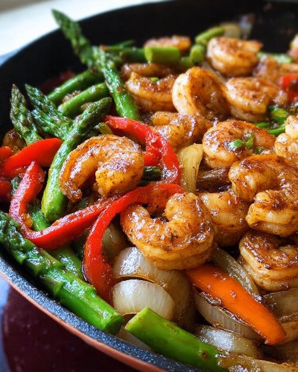 Close-up of glossy, glazed shrimp mixed with vibrant asparagus, red peppers, and onions in a pan for Honey Garlic Shrimp Stir Fry.
